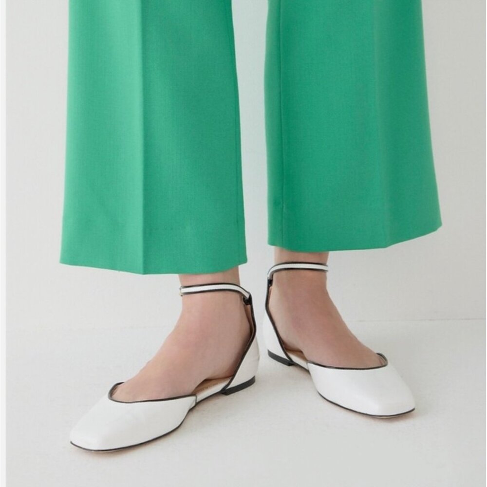 J.Crew Womens White Patent Leather Mary Jane Flats With Black Trim & Ankle Strap